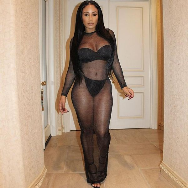 

women's swimwear women see through mesh sheer bodycon dress summer long sleeve o-neck backless beach bikini cover-ups, White;black