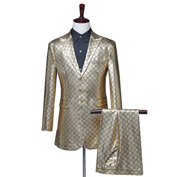 Herrenanzüge Blazer Champagner Trauzeugen Hochzeitsanzug Jacke mit Hosen Männer Slim Fit Bräutigam Blazer Glänzender Schalkragen Prom Pianist Smoking 2