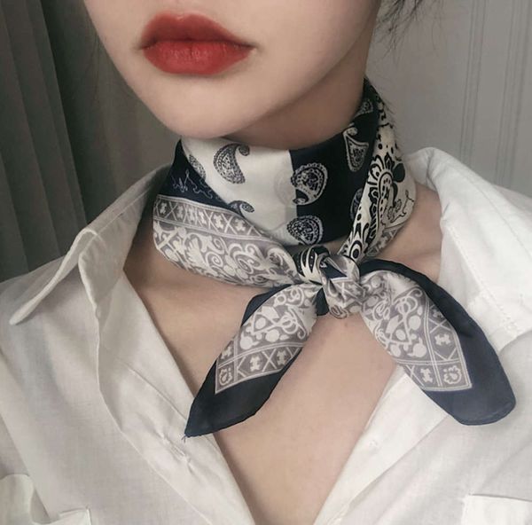 

a-ins korean 70 totem cashew flower square scarf with versatile decoration and double-sided bag ribbon, Blue;gray