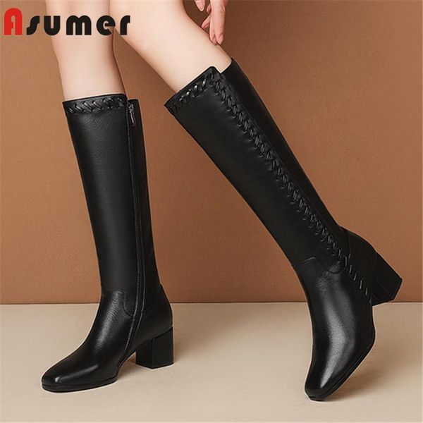 

boots asumer 2022 black riding women genuine leather shoes square toe high heels classic autumn winter knee