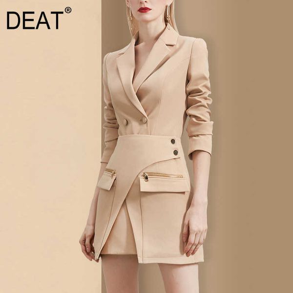 [DEAT] Patchwork Solid Anzug V-Ausschnitt Zweireiher Frauen Unregelmäßiges Design Halbrock Zweiteiliges Set Frühling und Herbst GX1081 210930