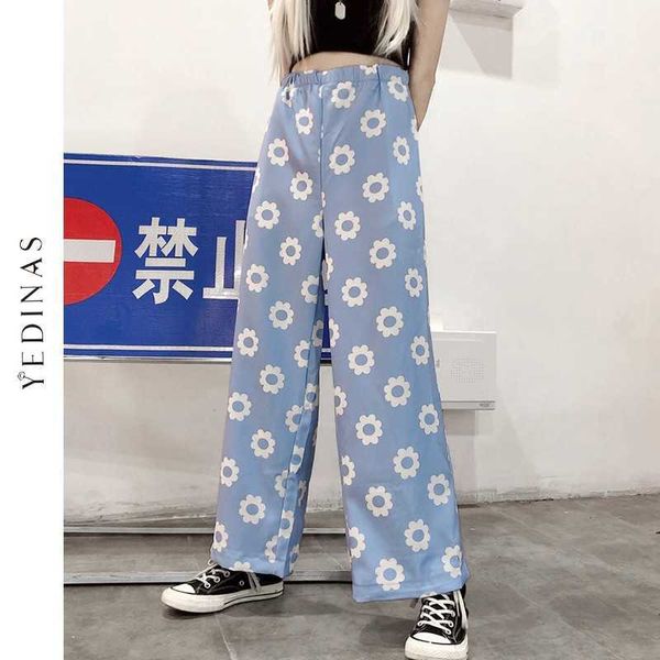 Yedinas Moda Harajuku Streetwear Mulheres Coreanas Cute Daisy Flor Gráfico Impressão Reta Boho Cintura Alta Calça Calças 210527