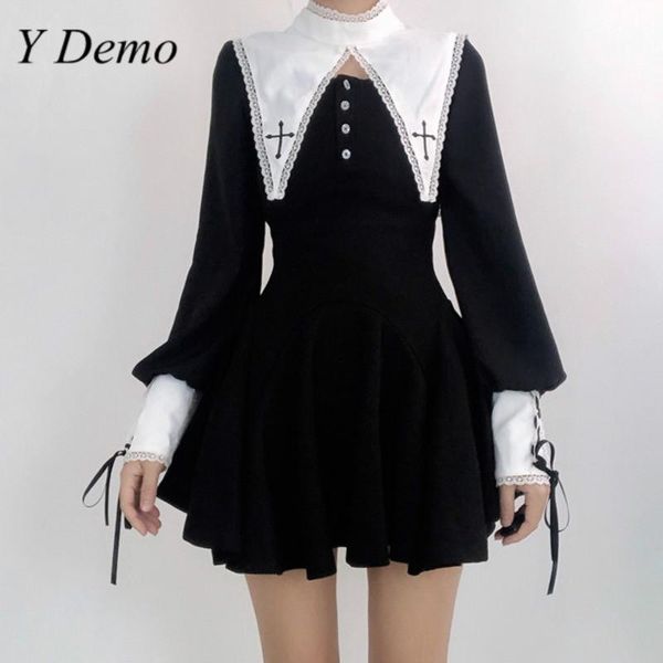 

y demo gothic slim lolita dress women cross collar high waist lace up hit color dresses female, Black;gray