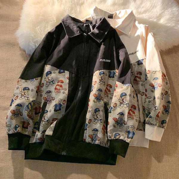 

women's jackets ss2021 funny cartoon bear jacket coat women bomber kawaii patchwork turn-down collar outerwear girl autumn zipper track, Black;brown