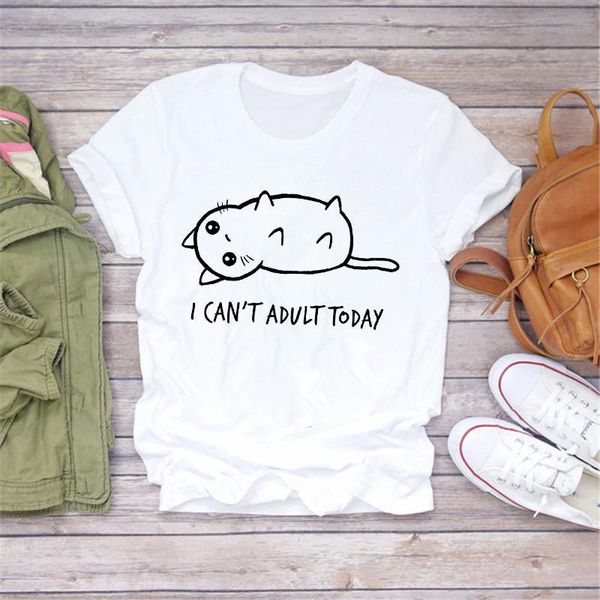 

summer women short sleeve t shirt casual white polyester i can't today funny cat print girls tshirts ladies t-shirt