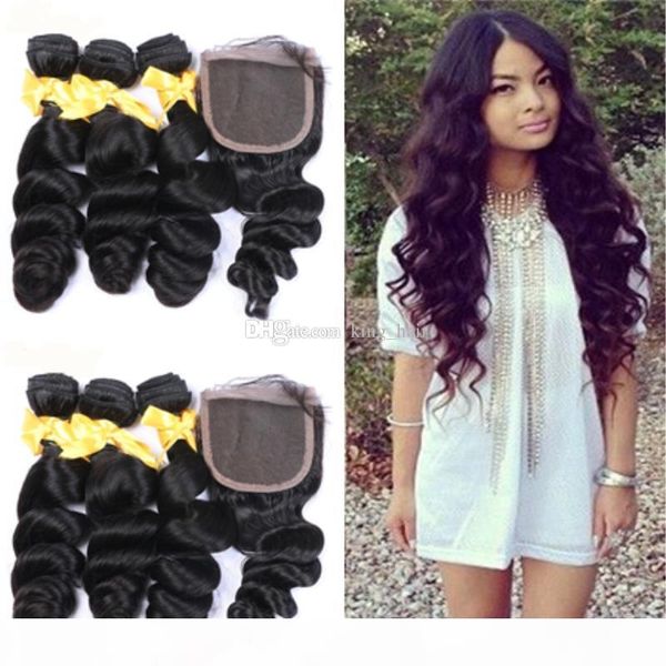 

new arrival loose wave hair bundles with middle part lace closure 4x4 loose curly hair extensions with closure quality, Black