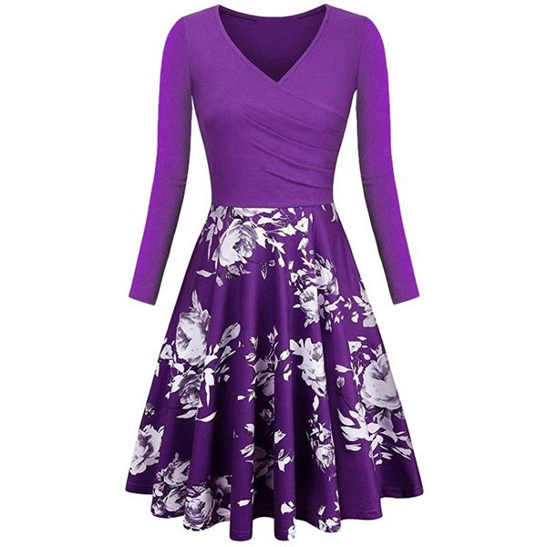 

casual dresses 2021 women's autumn and summer women dress colourful floral print a-line long sleeve v-neck for midi elegant, Black;gray