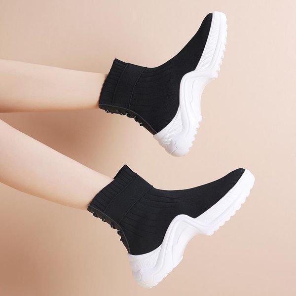 

boots 2021 autumn winter women comfortable fashion ankle snow keep warm lace-up ladies sock, Black