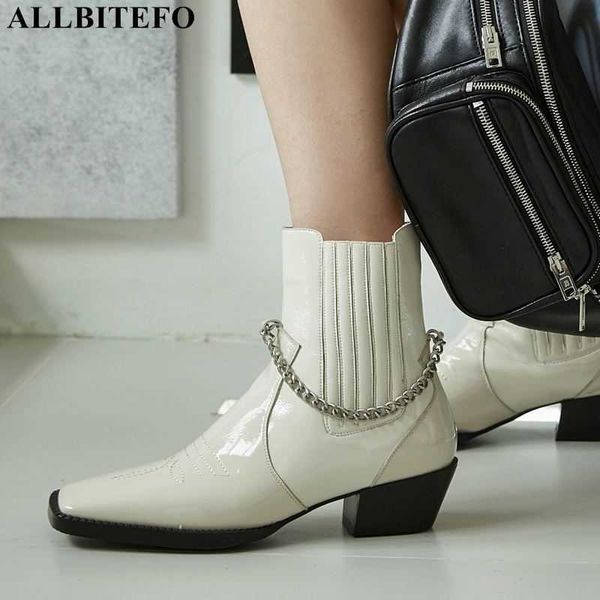 ALLBITEFO moda retrò in vera pelle catena marca tacchi alti donne stivali tacchi spessi ufficio scarpe da donna stivaletti per le donne 210611