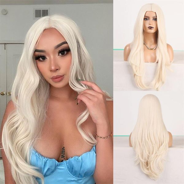

synthetic wigs long wavy wig platinum plonde for women machinde made heat resistant fiber hair middle part, Black