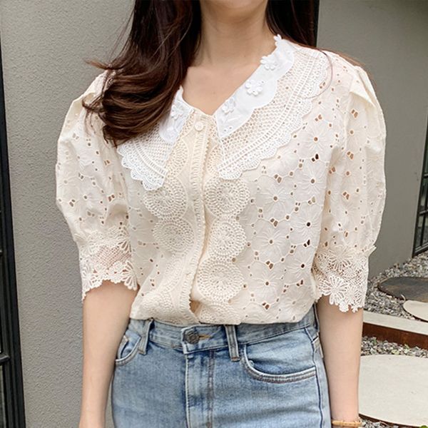 

new 2021 fashion retro sleeve vintage women mesh embroidery shirts 10rc, White