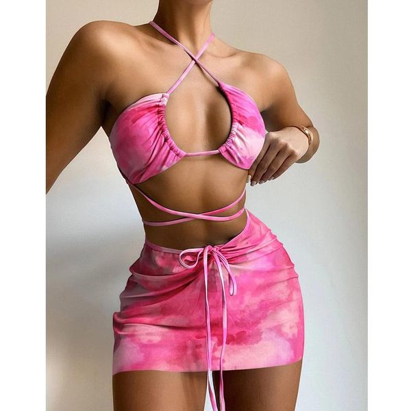 

women's swimwear jyojyo 3 piece bikini set tie dye print swimsuit women string female swimming suit bathing summer beach wear, White;black