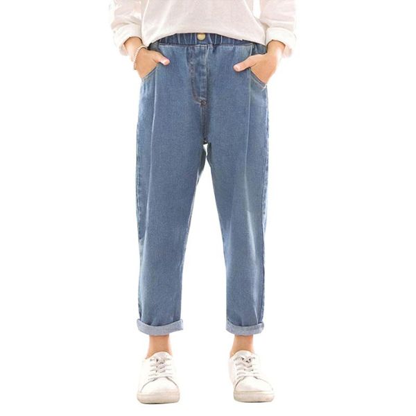 

jeans spring for girls solid pleated children's elastic waist kids girl casual autumn clothes 6 8 10 12 14, Blue