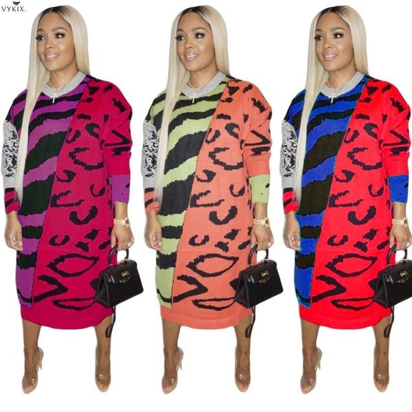 

casual dresses winter spring leopard dress full long slevee office ladies loose patchwork o-neck party streetwear womens, Black;gray