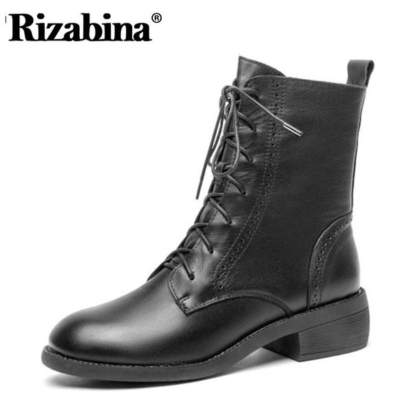 

boots rizabina women short real leather cross strap thick heel winter shoes woman zipper warm office lady footwear size 34-40, Black