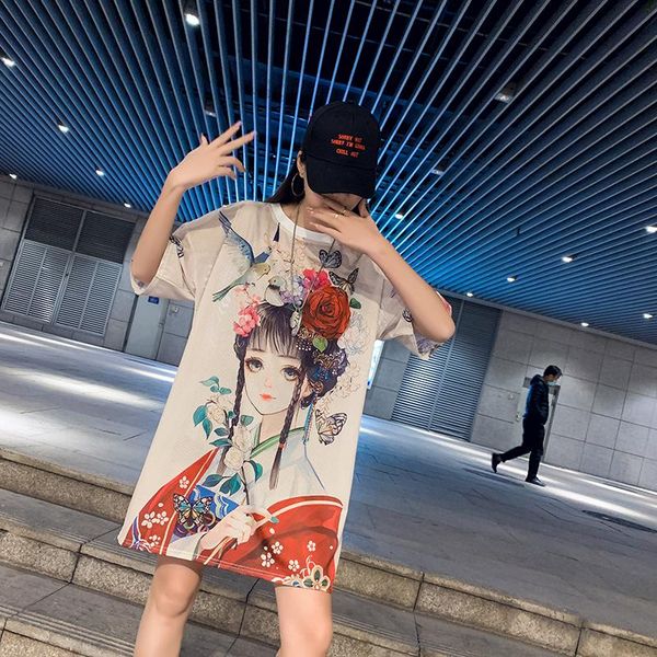 

women's t-shirt summer peking opera print night club round neck oversized short sleeved hip hop mesh plus size streetwear t-shirts, White
