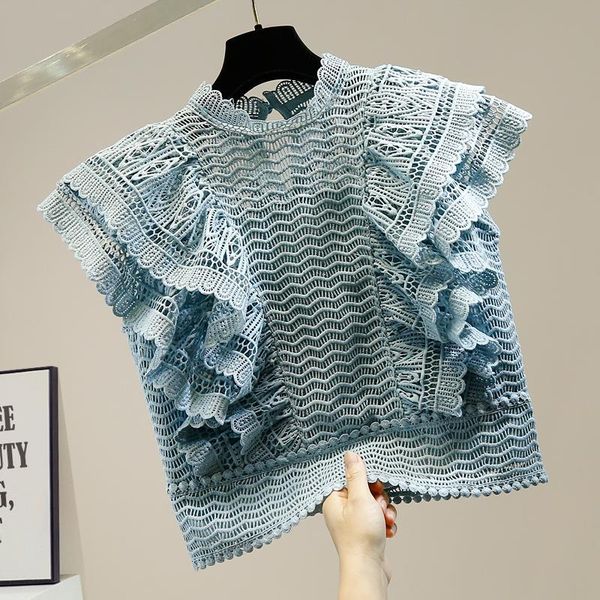 

ruffled sleeve lace blouse woman crocheted hollow lace shirt 2021 summer autumn woman new style elegant crop blusas, White