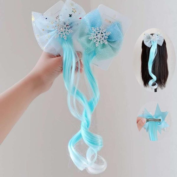 

hair accessories baby girl blue snowflake bow children's wig flower butterfly, Slivery;white