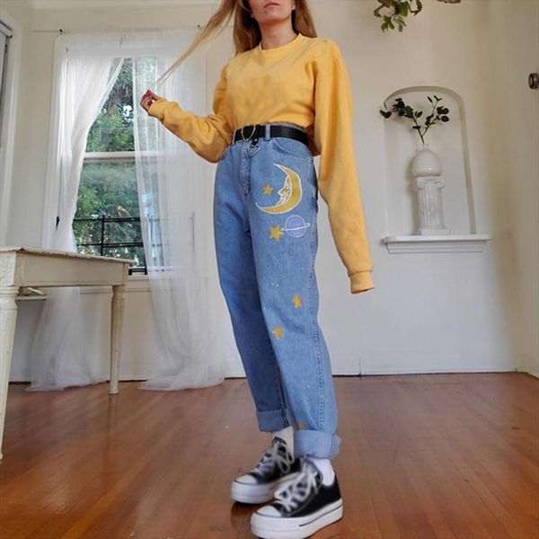 

blue fashion pants vintage women jeans boyfriends wide leg loose denim