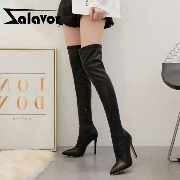 

zalavor black leather women over the knee high boots fashion thin heels pointed toe party dressing footwear size 35 42 wide calf a1yr#