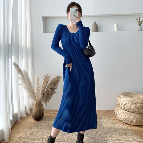 

2021 new elegant warm ladies a-line sweater long sleeve slim waist women knitted mid-calf vestidos autumn qe9i, Black;gray