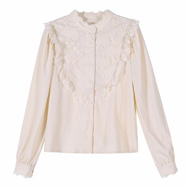 

women's shirt plus size lace embroidery new stand collar long sleeve loose fit fashion tide spring 2021 693-b, White