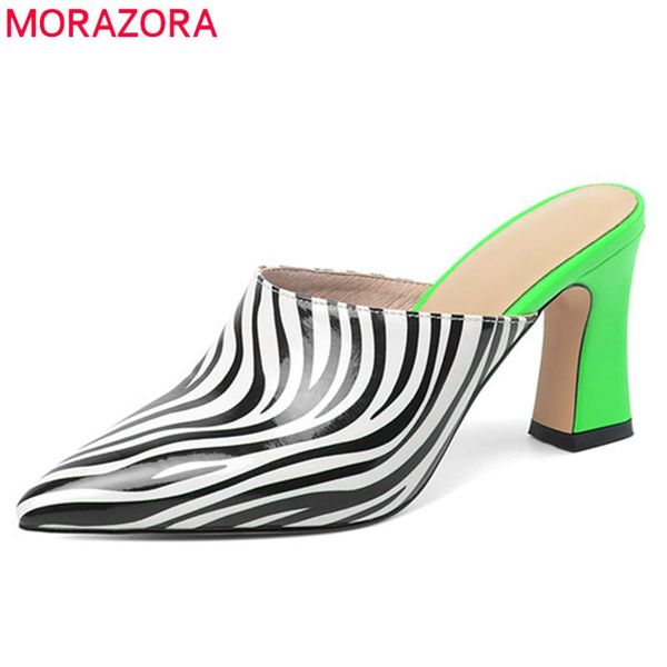 

dress shoes morazora 2021 thick high heels ladies mules pointed toe leopard zebra pattern summer casual party women pumps, Black