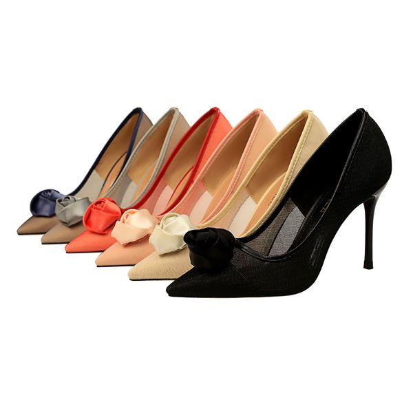 

fashion nightclubs slim stiletto high heeled mesh openwork satin rose flower shoes pointed toe pumps shoes k0002, Black