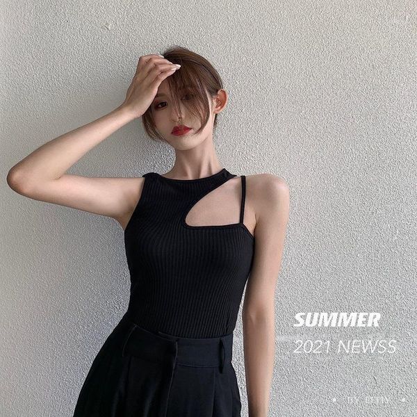 

irregular halter tank women harajuku cropped ladies black cami tees summer party club clothing camisoles & tanks, Black;white