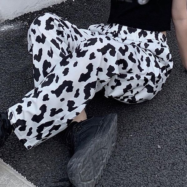 

female wide leg pants elastic waist fashionable printing pattern 2021 autumn drape loose casual pants stylish trousers women, Black;white