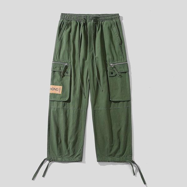 

men's pants wild loose overalls simple casual american retro trousers big pockets english elements leggings green khaki, Black