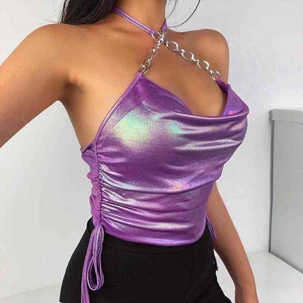

chain halter womens tanks crop y2k summer lace up drawstring backless slim stretchy party club camisoles, White
