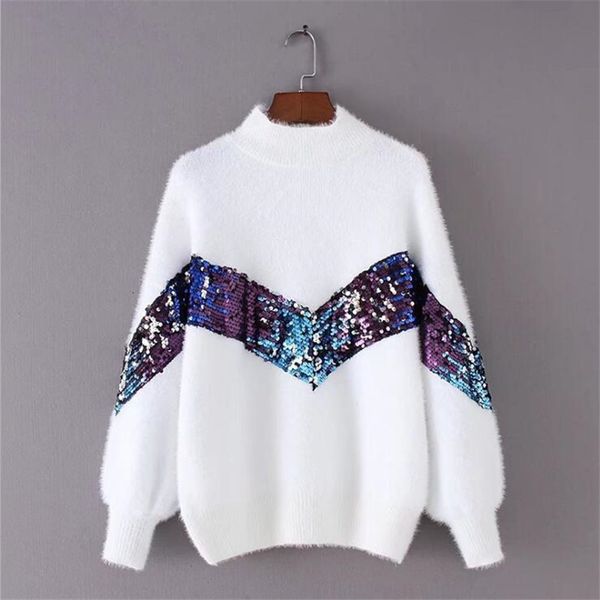 

women's sweaters autumn and winter fashion half-high collar mohair embroidery sequins lantern sleeve p07z, White;black