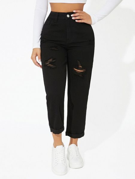 

petite high waist ripped roll hem mom cropped jeans b1f0#, Blue