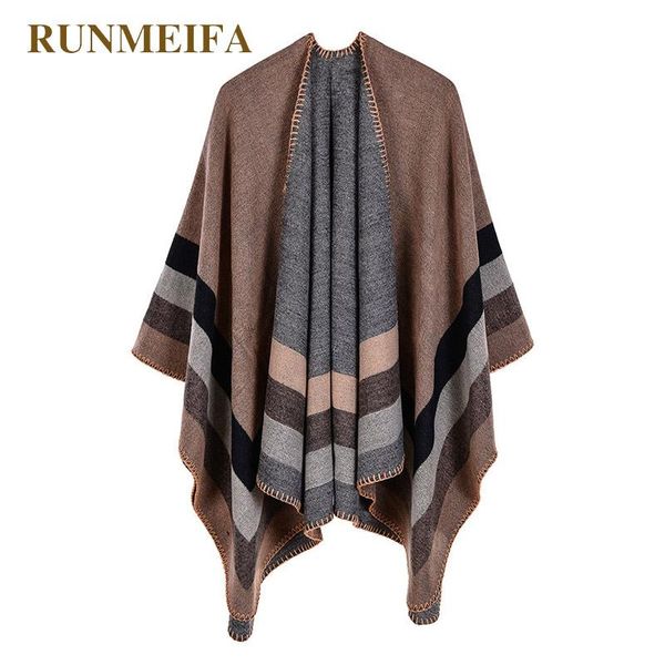 

scarves runmeifa winter warm shawl for women big frame cape two sides wear femme knitted cloak thick acrylic simulated cashmere poncho, Blue;gray