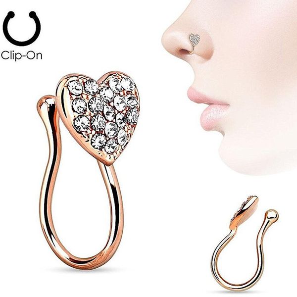 

heart fake nose rings surgical stainless steel rhinestone non-pierced septum studs ring clip on body jewelry, Silver