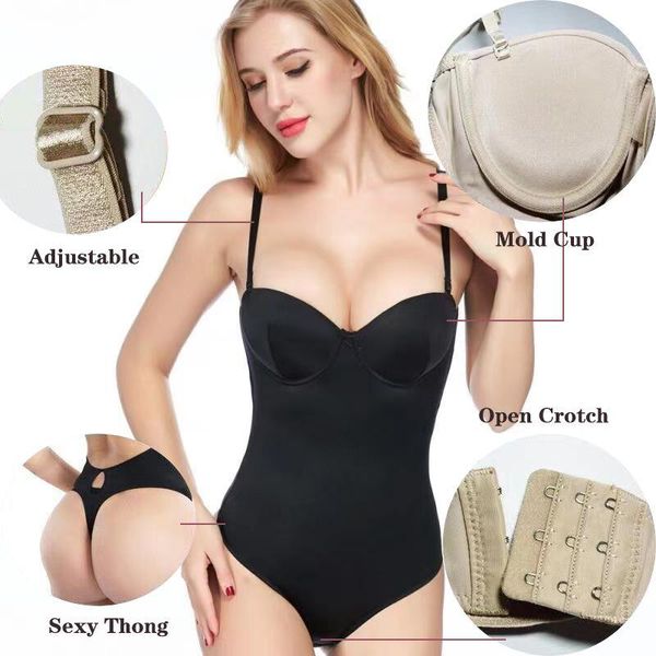 

women's shapers full body shaper backless shaperwear thong seamless u plunge push up slimming bodysuit waist, Black;white