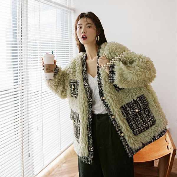 

women's fur & faux winter thicken clothes luxury korean ladies punk outerwear women coats casual warm fluffy lamb wool panelled jackets, Black