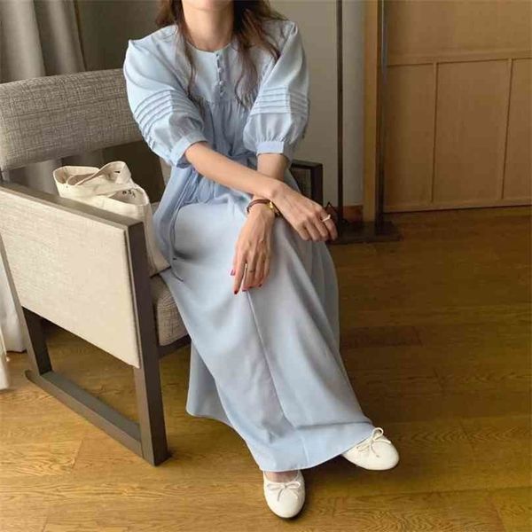 

straight retro solid loose casual chic long dress o-neck elegant party sweet summer puff sleeve women 210525, Black;gray
