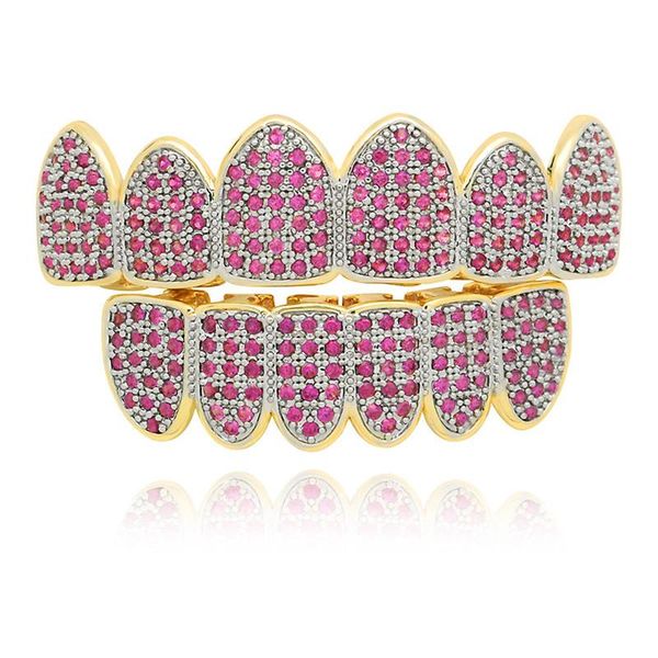 

rose red cubic zircon teeth grills set golden hip hop iced out mouth grills bottom dental grills drop shipping, Black