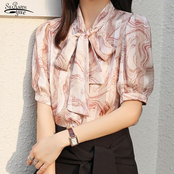 

blusas 2021 chiffon blouse short sleeve women blouse vintage women shirt bow lantern sleeve office lady chic clothing 10081, White
