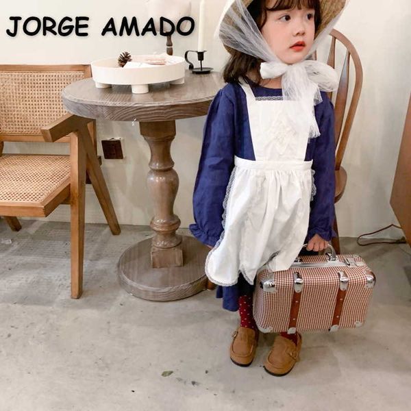 Großhandel Frühling Koreanische Art Baby Mädchen Kleid Blau Langer Puff + Weiße Spitze Overkirt Kinder Kleidung E689 210610
