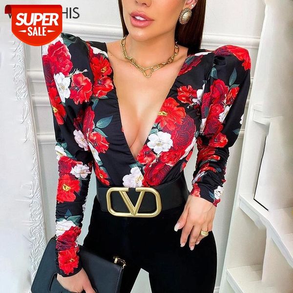 

WannaThis Floral Print Bodysuit Women Sexy Deep V-Neck Long Sleeve Rompers Fashion Women Red Slim Patchwork Black Playsuit #yK2K, White