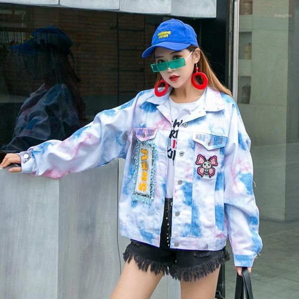 

fashion the loose sequins patch cartoon wash denim jacket free, Black;brown