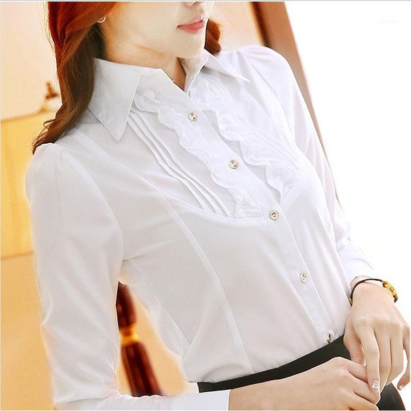 

women's blouses & shirts fashion chiffon long sleeve embroidery turn-down collar single row multi button casual df3269, White