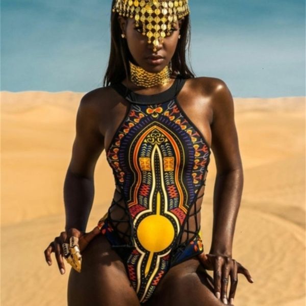 

7 style new one piece swimsuit bandage bodysuit african printed swimwear female high cut monokini high neck