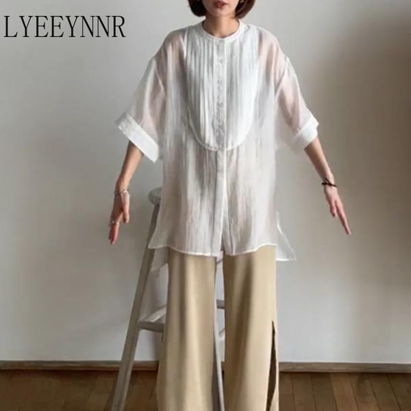 

women's blouses & shirts lyeeynnr summer women o neck half sleeve casual blouse office ladies see through single breasted chic female, White