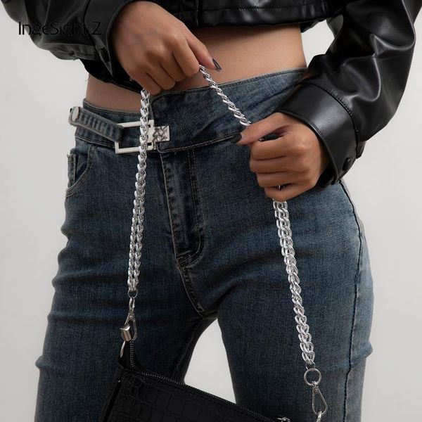 

keychains ingesight.z double layered thick curb cuban straps bag chains chunky heavy metal long for handbag shoulder jewelry, Silver