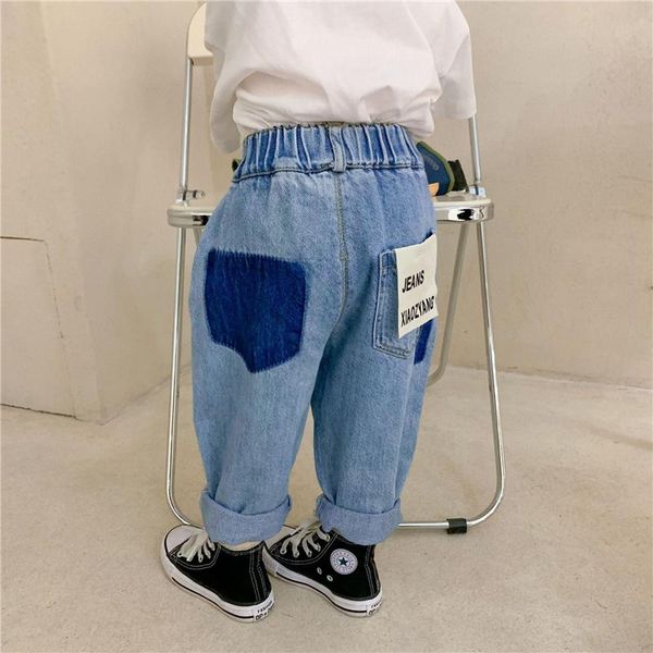 

spring 2021 boys and girls patch casual denim pants korean style kids fashion all-match loose jeans, Blue