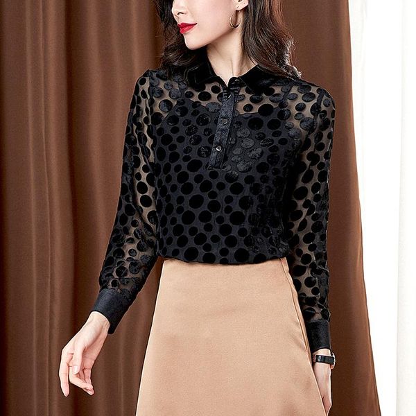 

woman feminina women's vintage blouse fashion clothes 2021 spring autumn dots black lace shirts female d0111, White